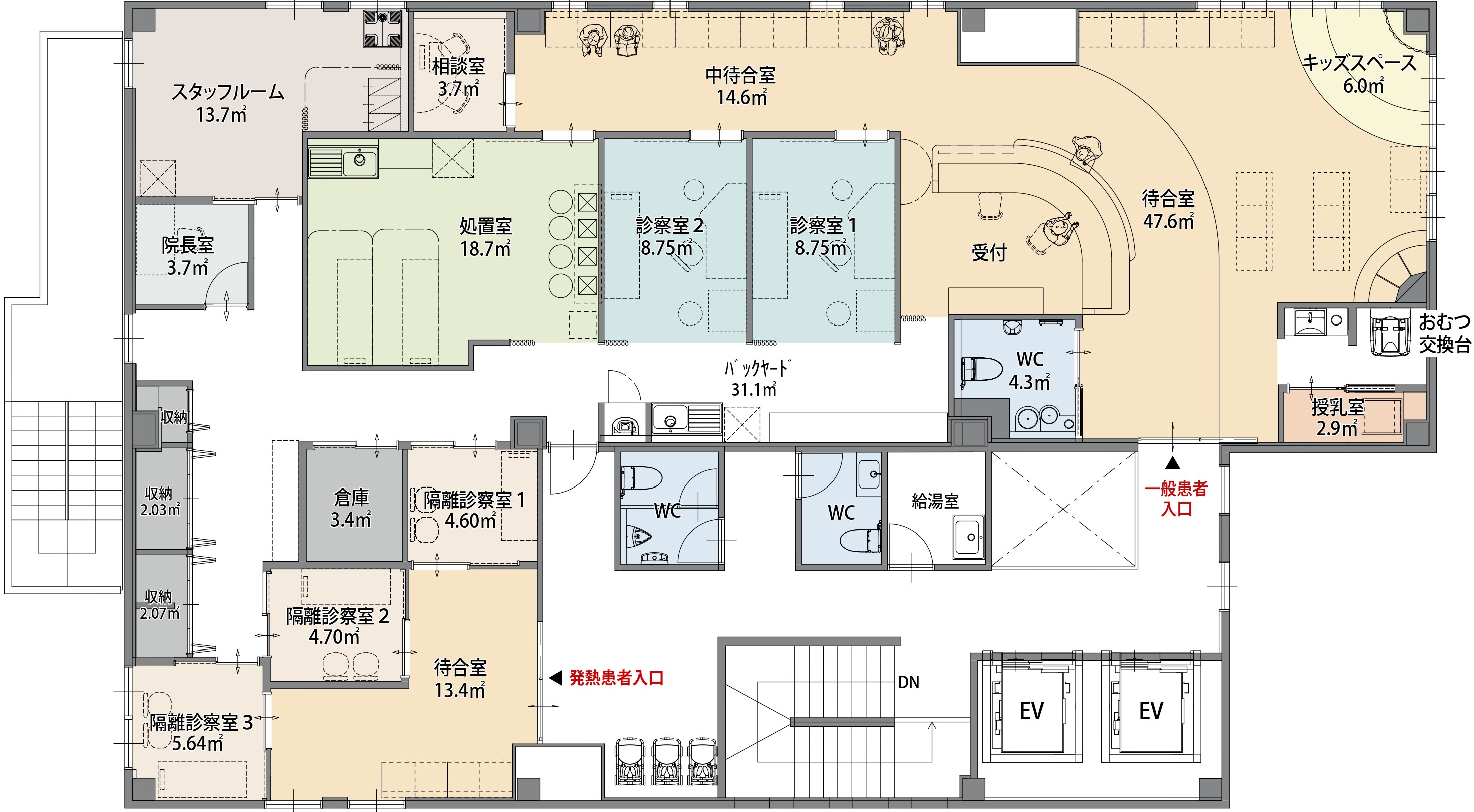 クリニックのレイアウト クリニック面積約204.5㎡（61.8坪）